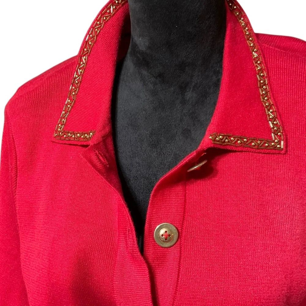 Carol Patterson Knits Women’s Embellished Linen Blend Red. Vintage Cardigan. MED